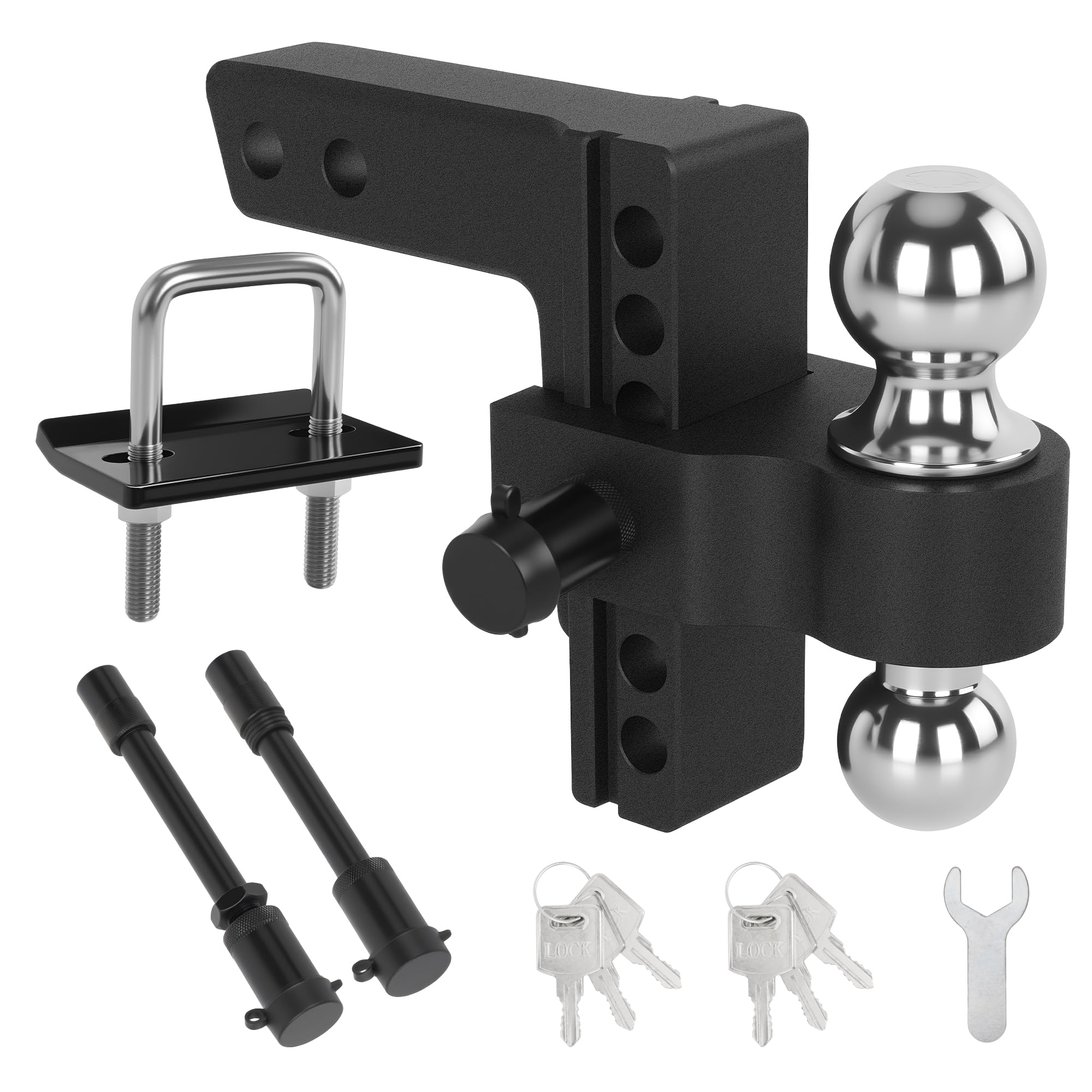 Taglly Adjustable Trailer Hitch Fits 2-Inch Receiver, 6" Drop/Rise Heavy Duty Aluminum Tow Hitches with Dual Balls (2" & 2-5/16") for Truck, Includes Two Pin Locks & Hitch Tightener
