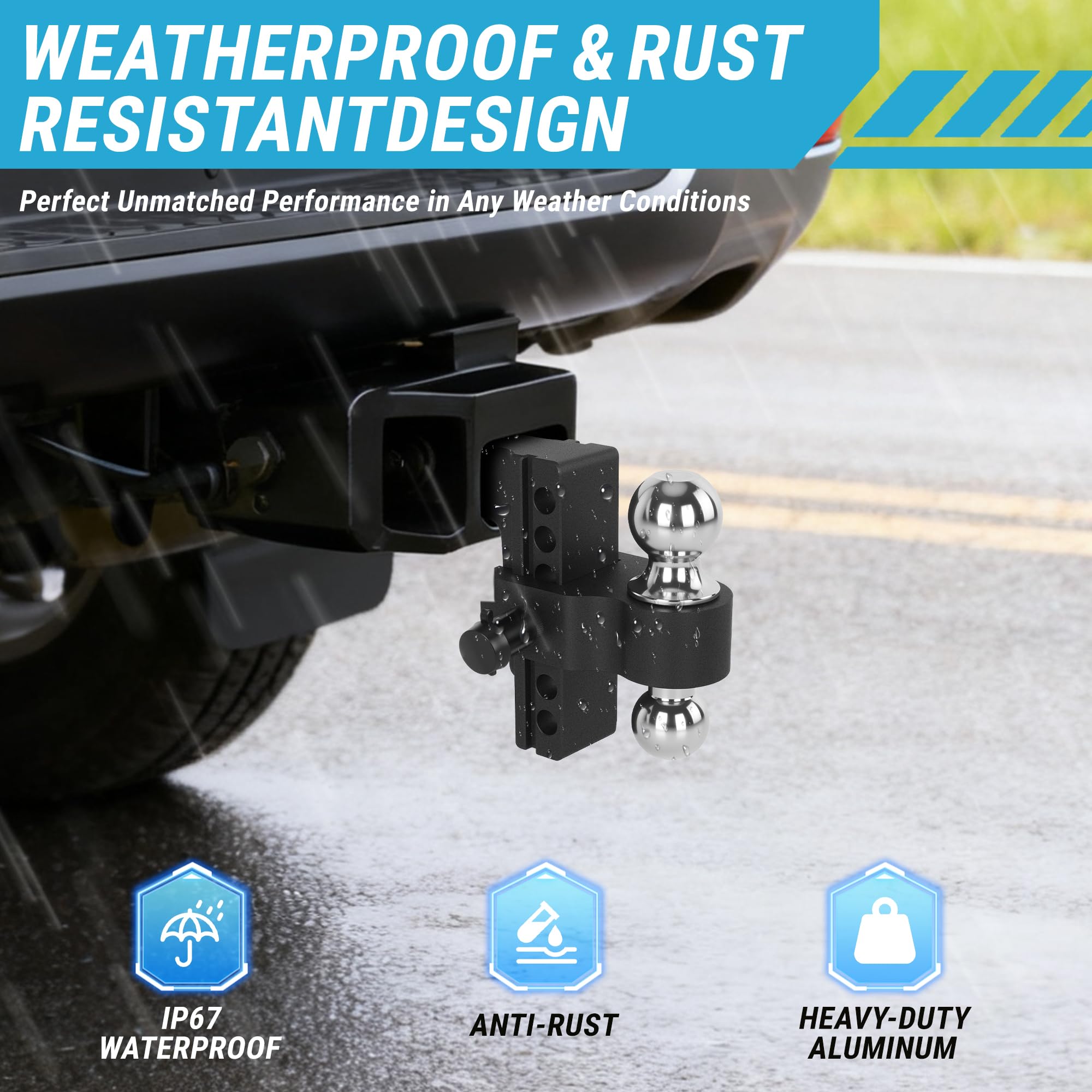 Taglly Adjustable Trailer Hitch Fits 2-Inch Receiver, 6" Drop/Rise Heavy Duty Aluminum Tow Hitches with Dual Balls (2" & 2-5/16") for Truck, Includes Two Pin Locks & Hitch Tightener