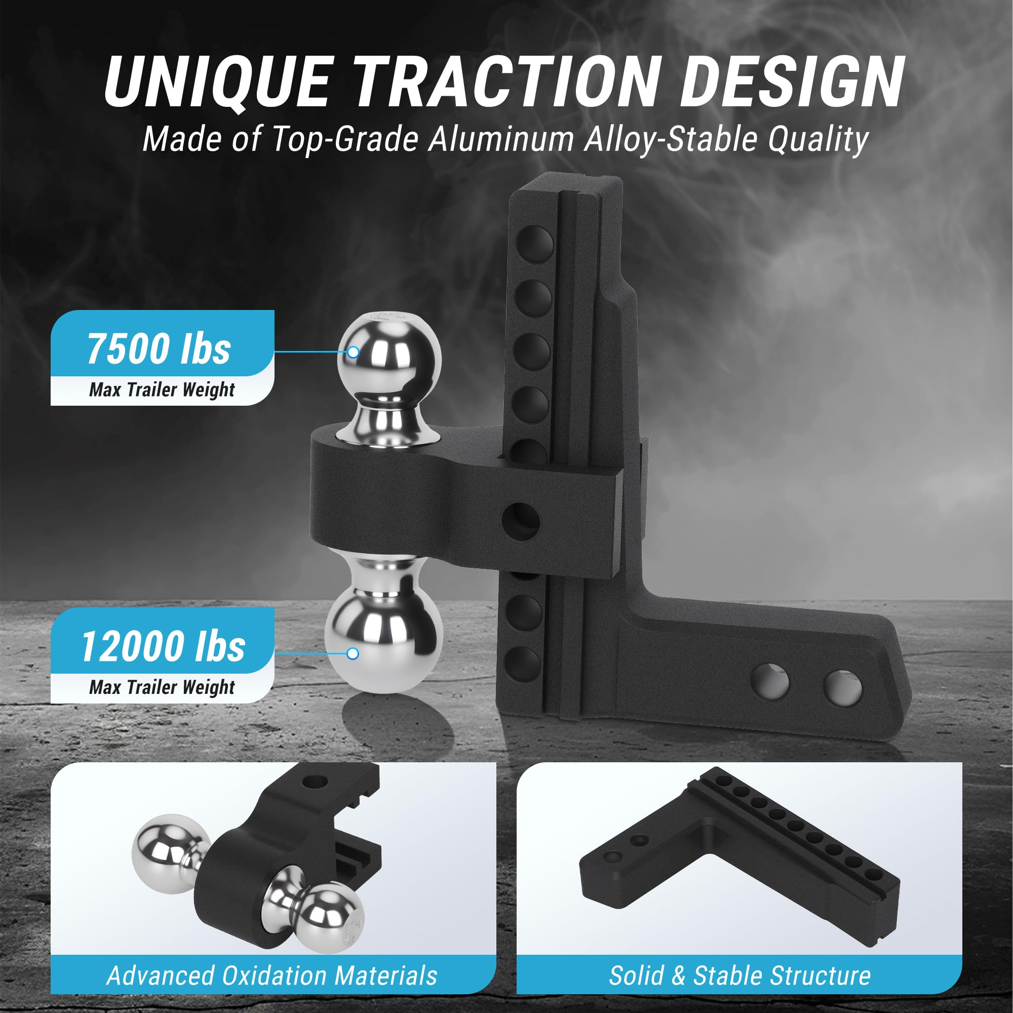Taglly Adjustable Trailer Hitch Fits 2-Inch Receiver, 8" Drop/Rise Heavy Duty Aluminum Tow Hitches with Dual Balls (2" & 2-5/16") for Truck, Includes Two Pin Locks & Hitch Tightener