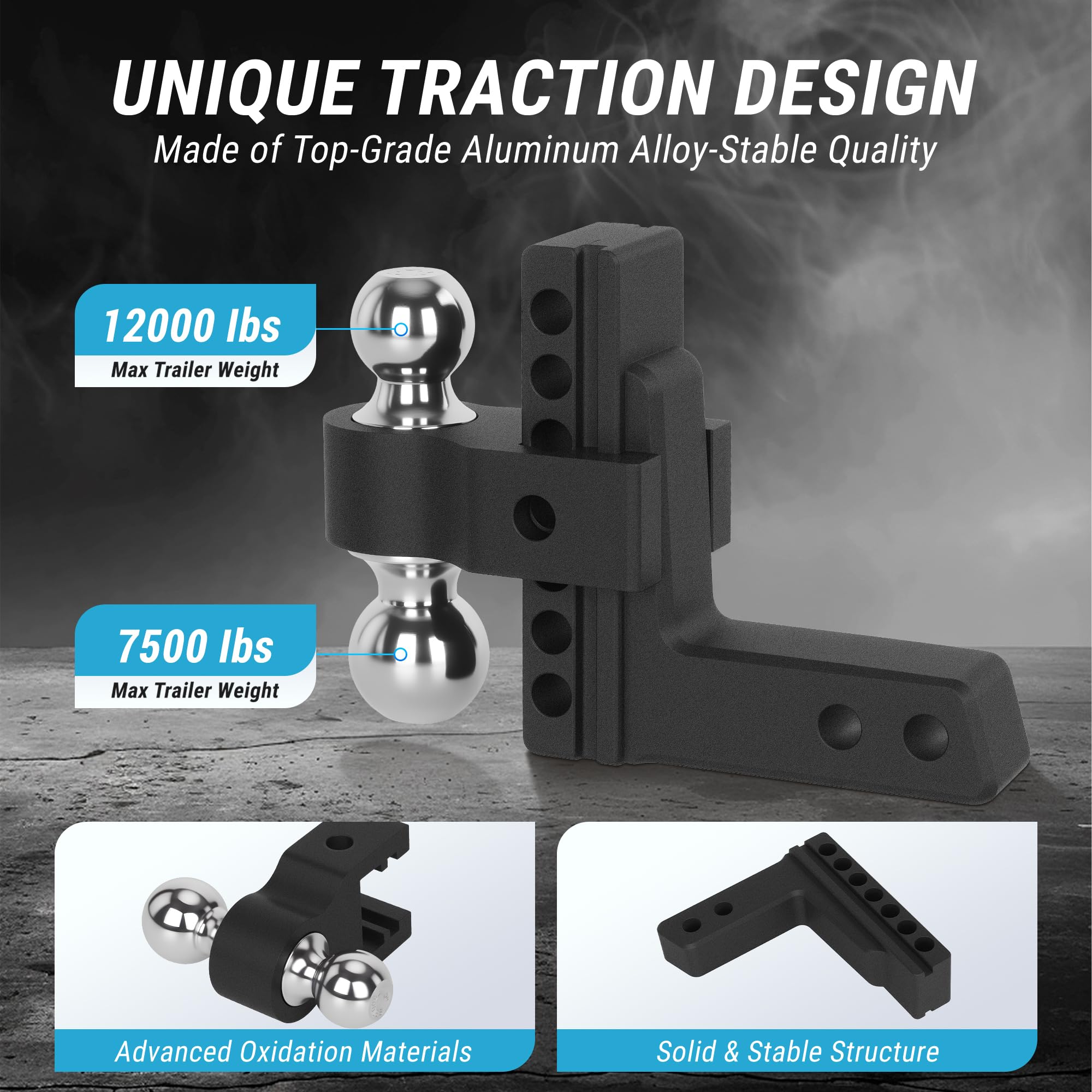 Taglly Adjustable Trailer Hitch Fits 2-Inch Receiver, 6" Drop/Rise Heavy Duty Aluminum Tow Hitches with Dual Balls (2" & 2-5/16") for Truck, Includes Two Pin Locks & Hitch Tightener