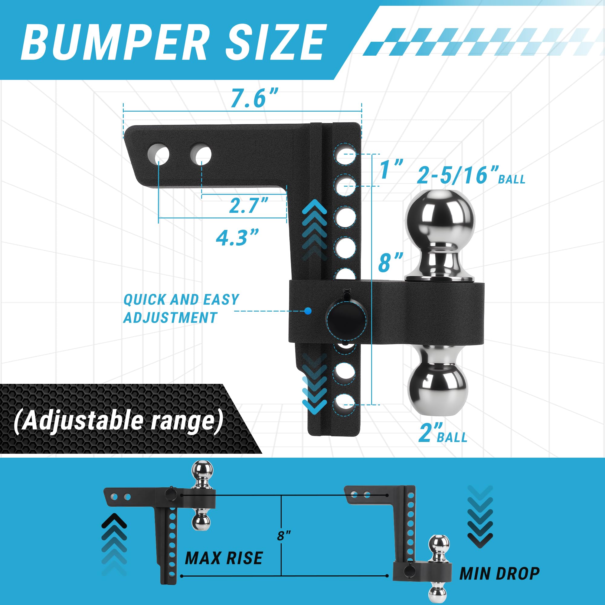 Taglly Adjustable Trailer Hitch Fits 2-Inch Receiver, 8" Drop/Rise Heavy Duty Aluminum Tow Hitches with Dual Balls (2" & 2-5/16") for Truck, Includes Two Pin Locks & Hitch Tightener