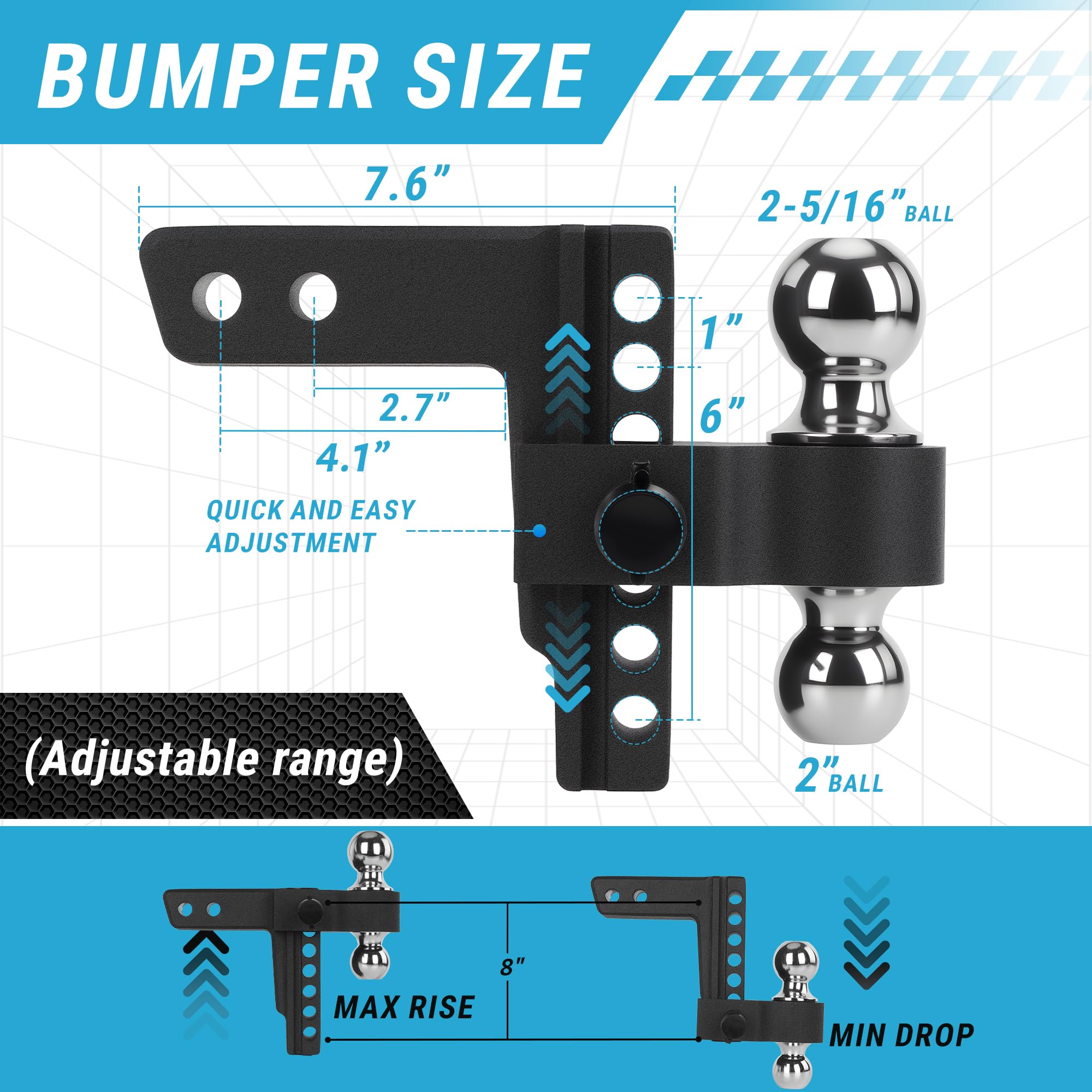Taglly Adjustable Trailer Hitch Fits 2-Inch Receiver, 6" Drop/Rise Heavy Duty Aluminum Tow Hitches with Dual Balls (2" & 2-5/16") for Truck, Includes Two Pin Locks & Hitch Tightener
