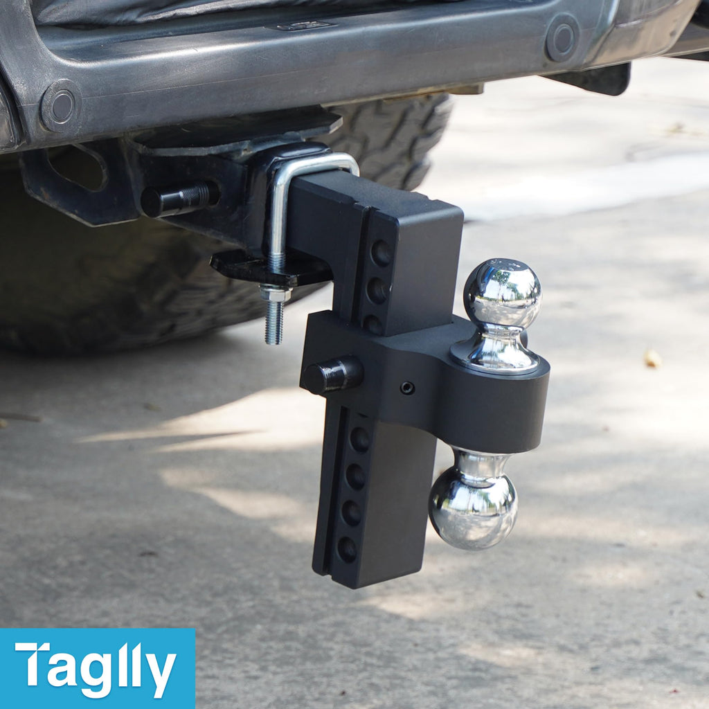Taglly Adjustable Trailer Hitch Fits 2-Inch Receiver, 8" Drop/Rise Heavy Duty Aluminum Tow Hitches with Dual Balls (2" & 2-5/16") for Truck, Includes Two Pin Locks & Hitch Tightener